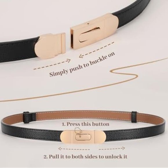 Skinny Women Belt Thin with Alloy Turn Lock Black - Picture 3 of 5